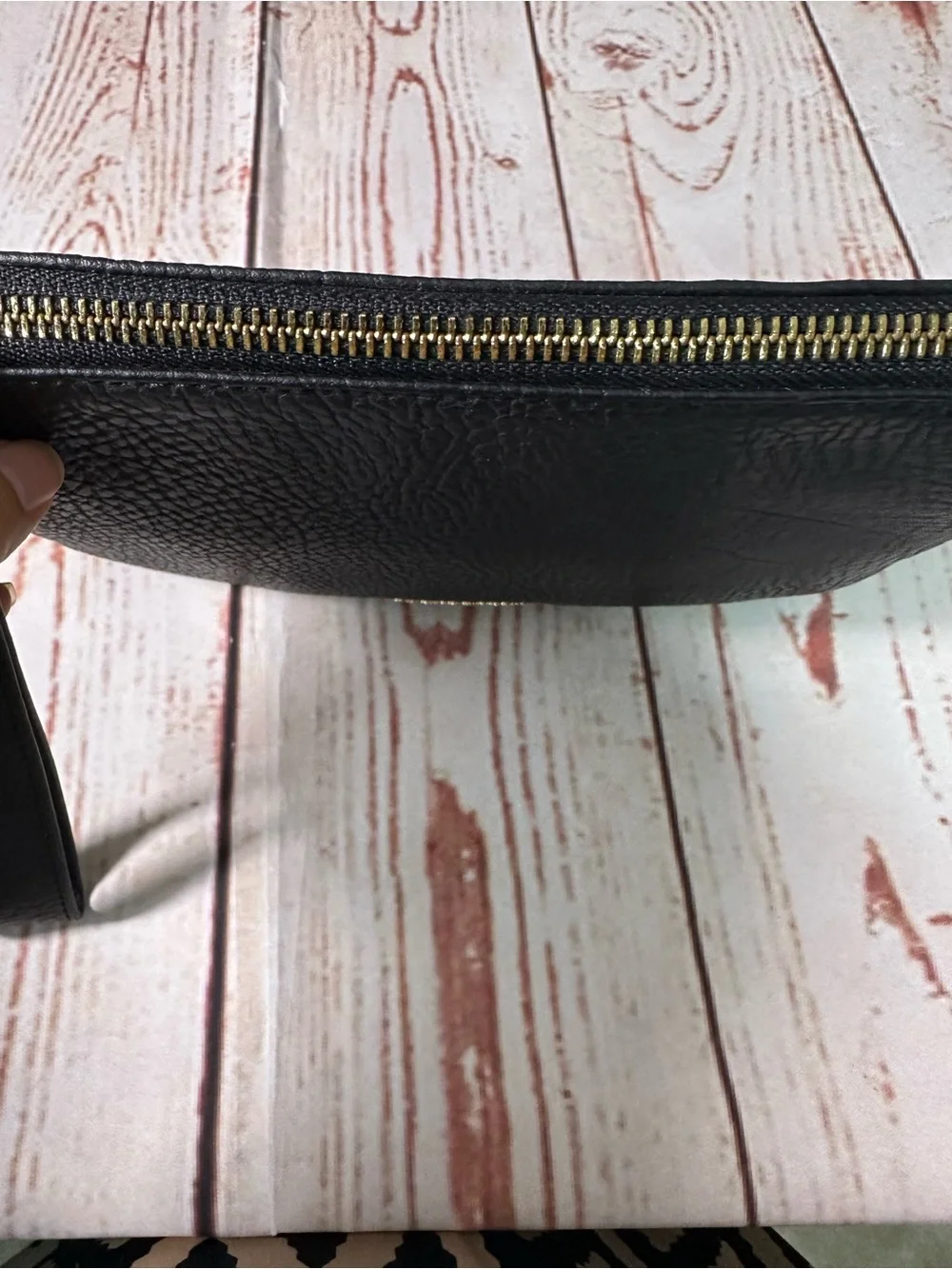 Olivia + Joy Black Pebbled Leather Wristlet Clutch with Gold Logo